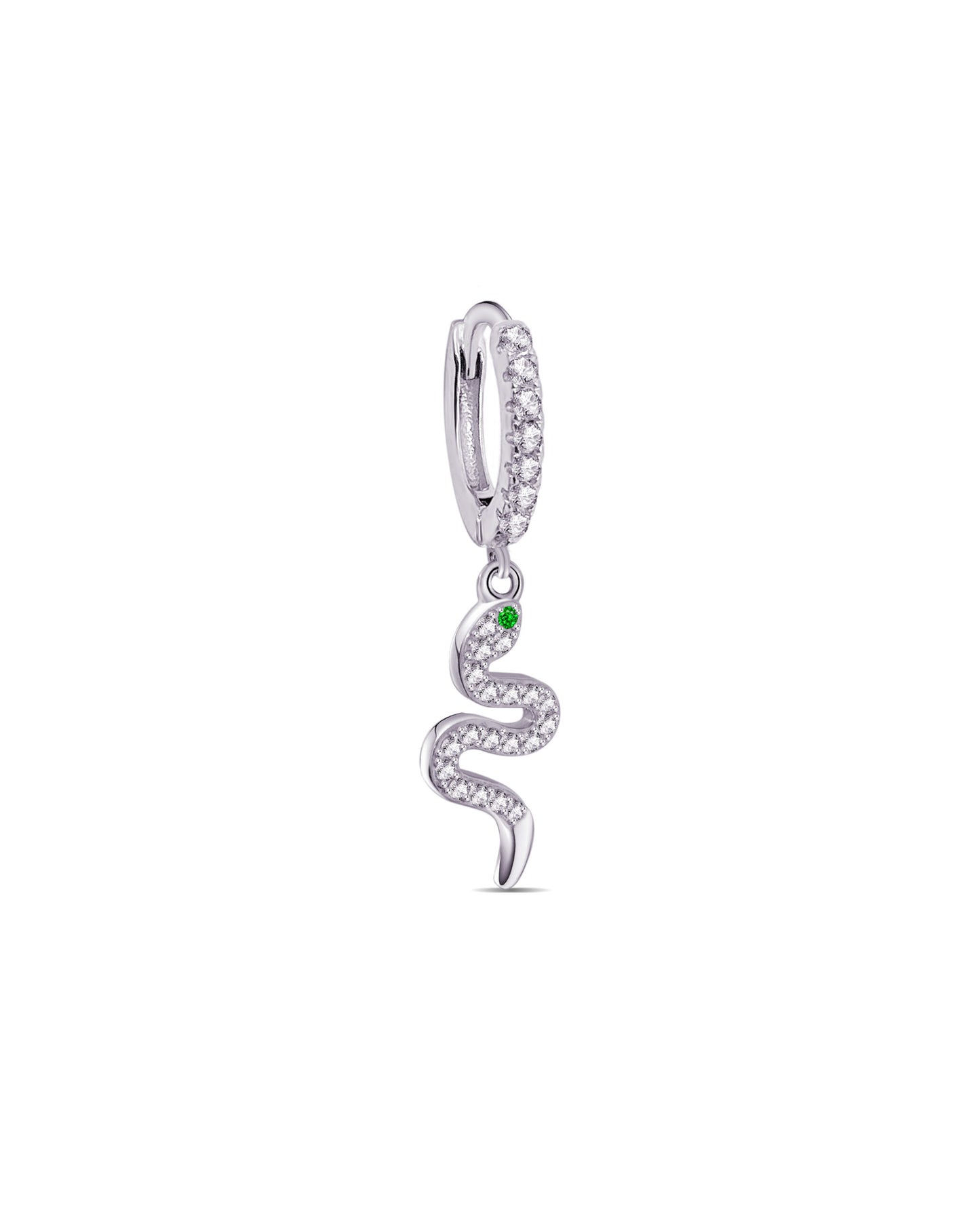 CZ huggie hoop with dangling snake shape.