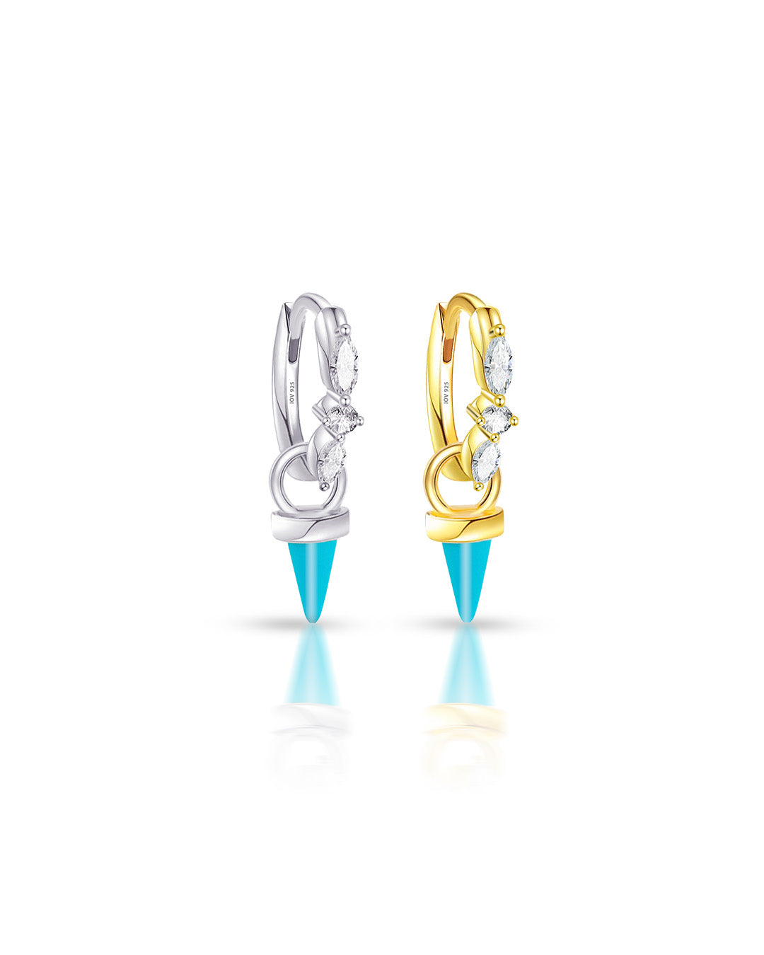 huggie hoop earring studded with marquise and round stones with removable dangling turquoise cone shape.