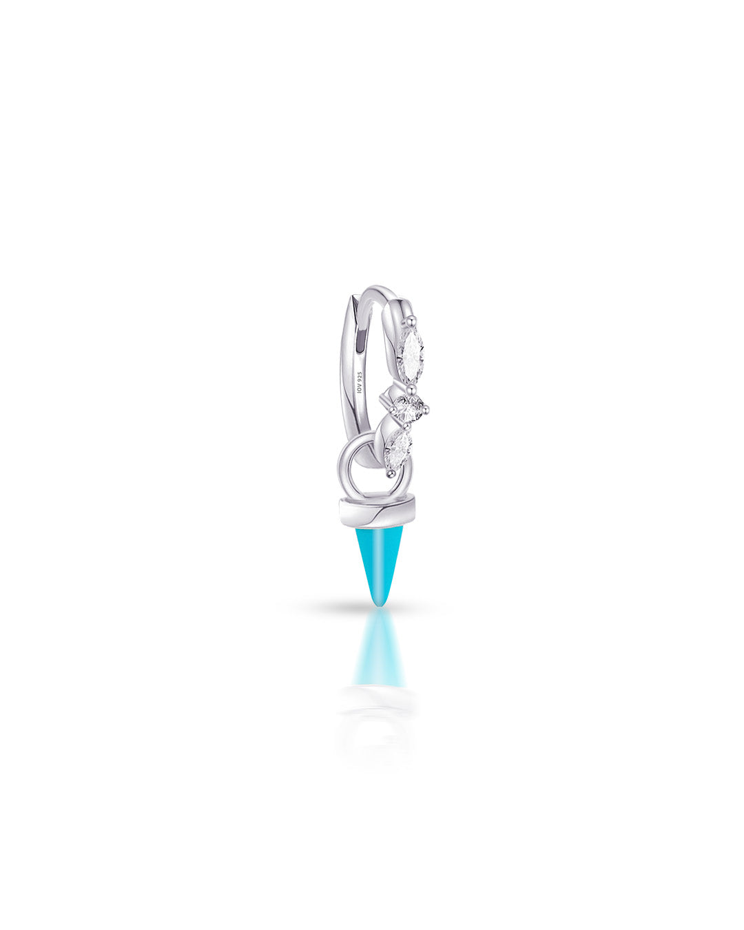 huggie hoop earring studded with marquise and round stones with removable dangling turquoise cone shape.