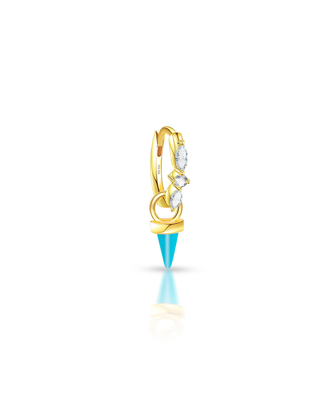 huggie hoop earring studded with marquise and round stones with removable dangling turquoise cone shape.