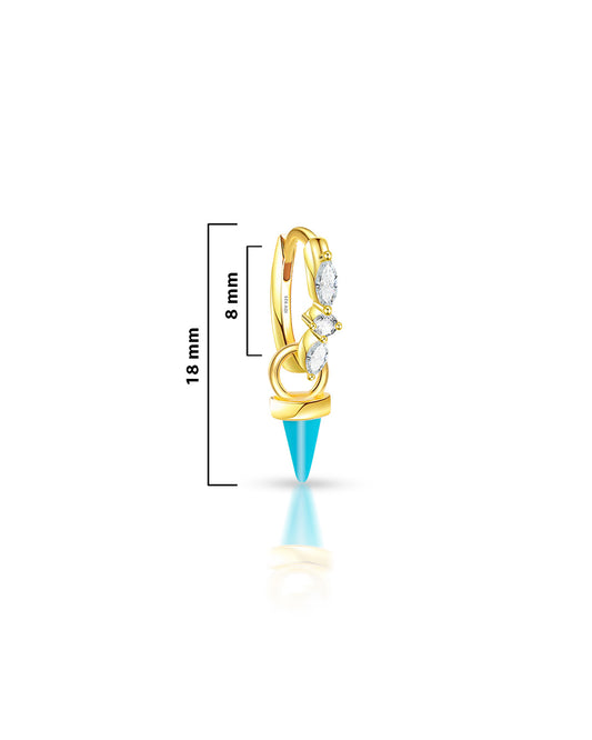 huggie hoop earring studded with marquise and round stones with removable dangling turquoise cone shape.