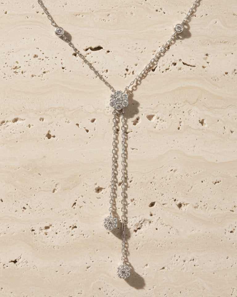 CZ round cluster Y necklace with two graduated danglings.