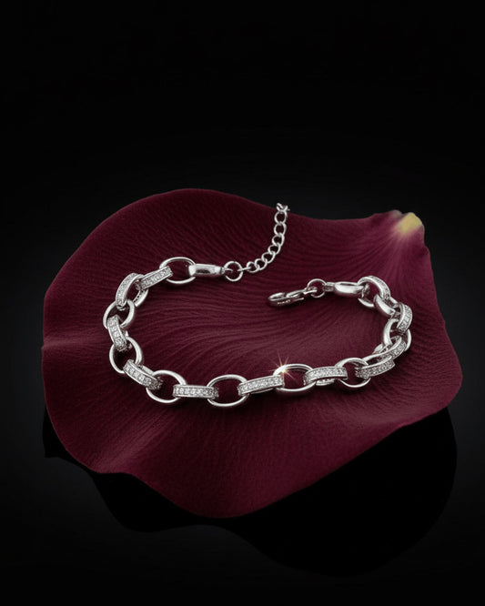 Product Title: Sterling Silver Interlocking Link Bracelet with Pavé CZ Accents.