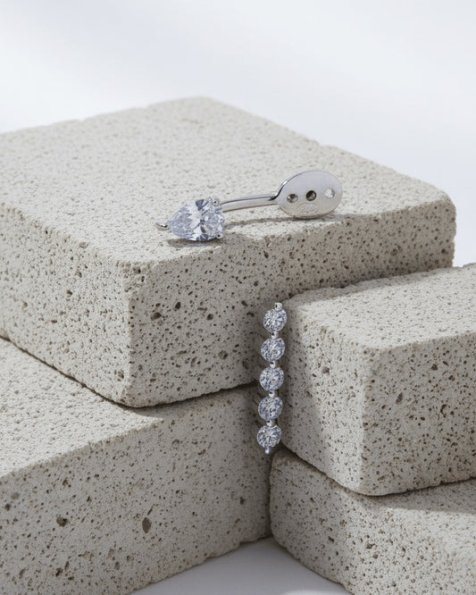 back to front two detached parts with round and pear shapes CZ stud earring.