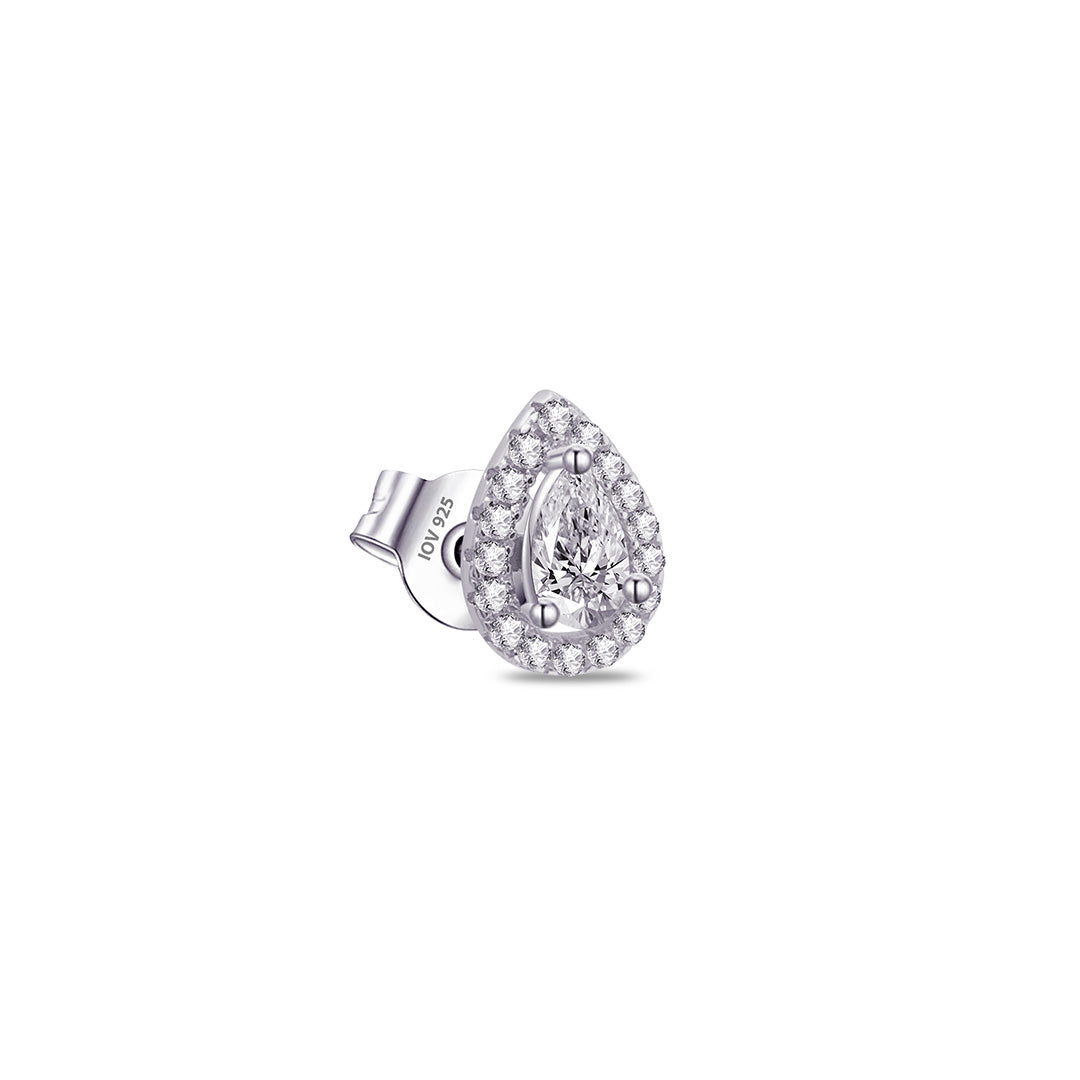 pear shape CZ stone in a halo setting stud earring.