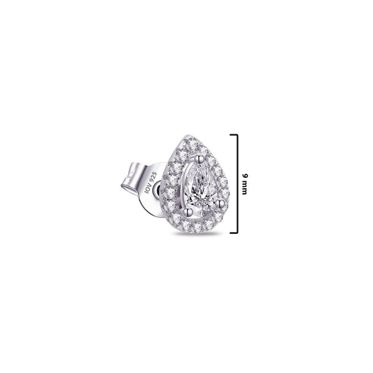 pear shape CZ stone in a halo setting stud earring.
