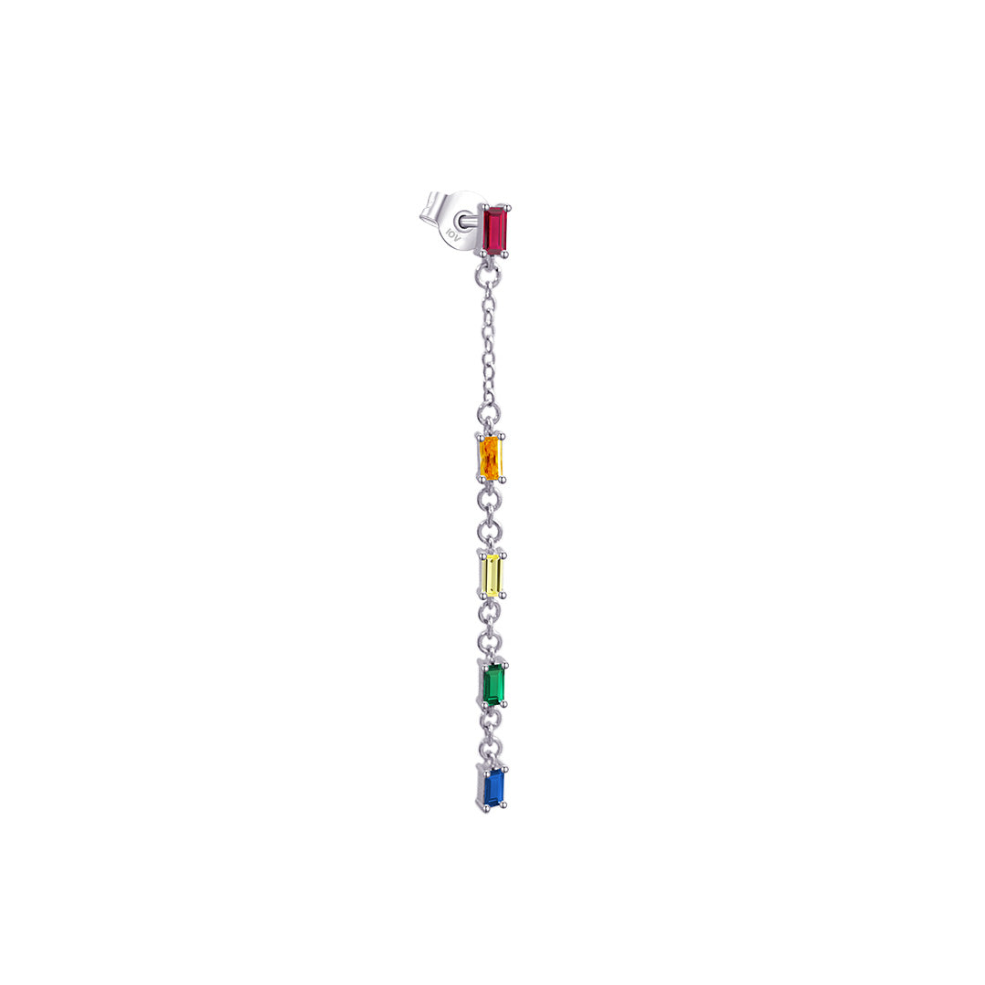 long chain earring with colored baguette stones.