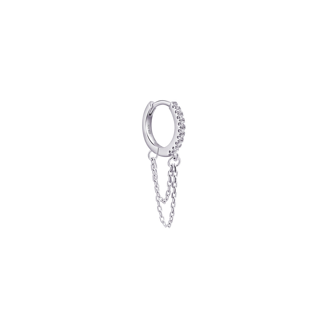 huggie hoop with double dangling chain.