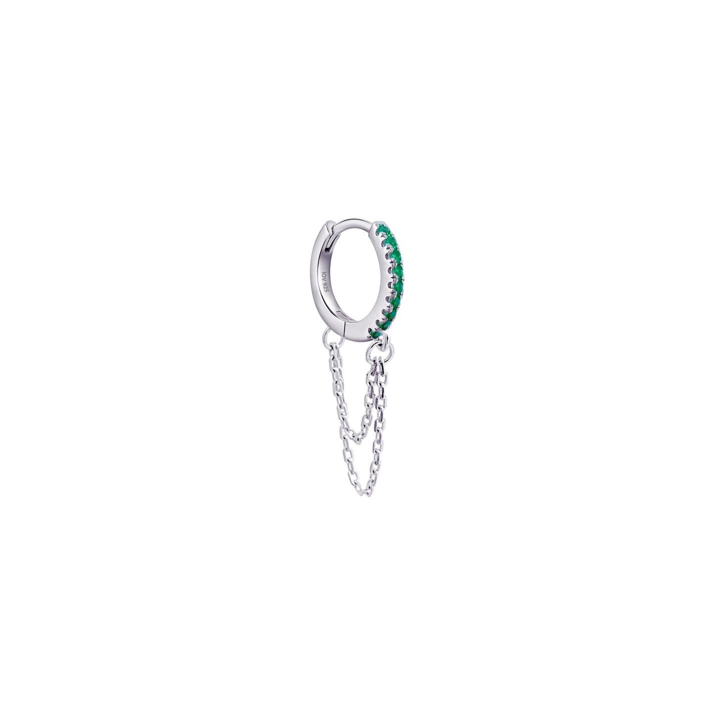 huggie hoop with double dangling chain.