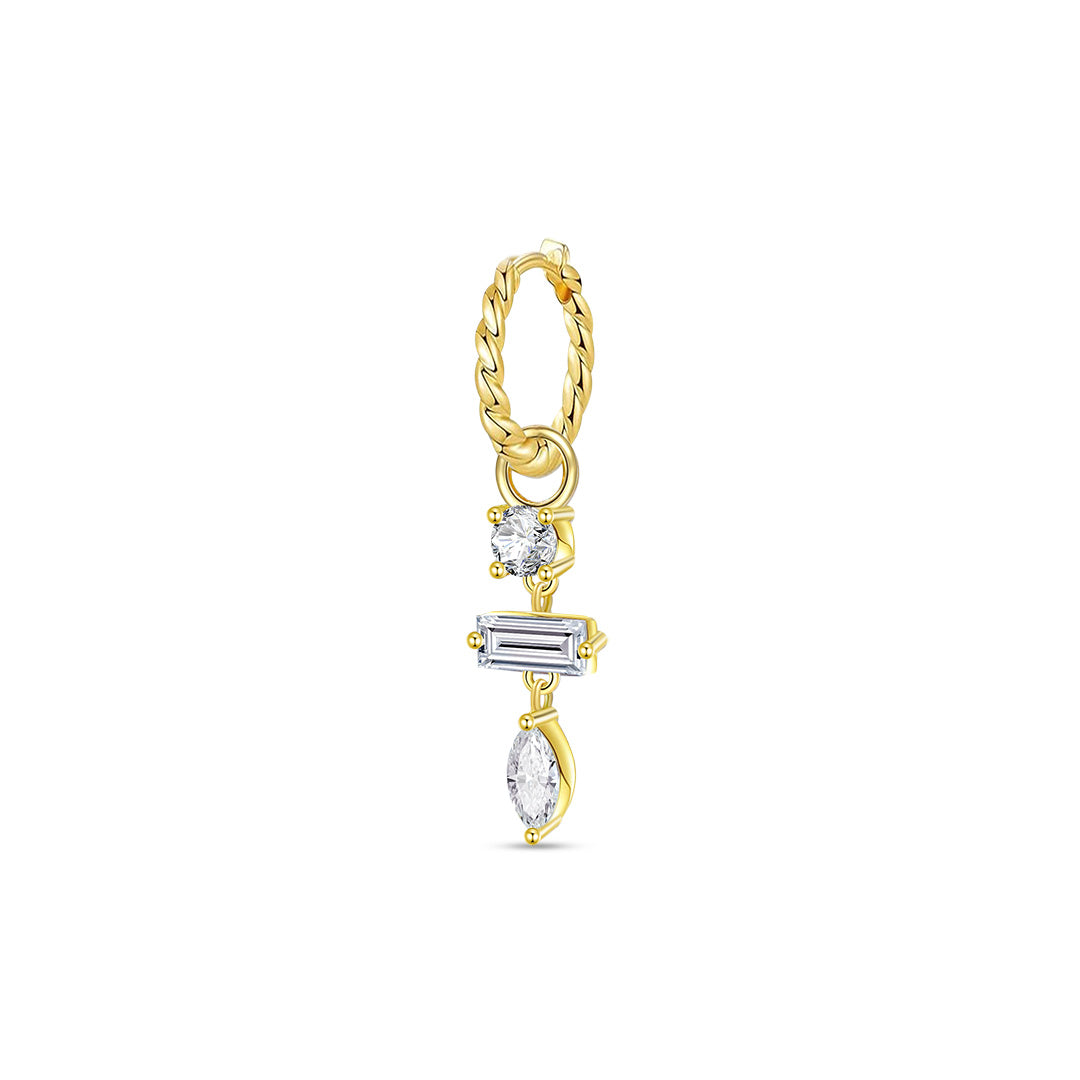 twisted plain huggie hoop with dangling three stones, round, baguette and marquise.