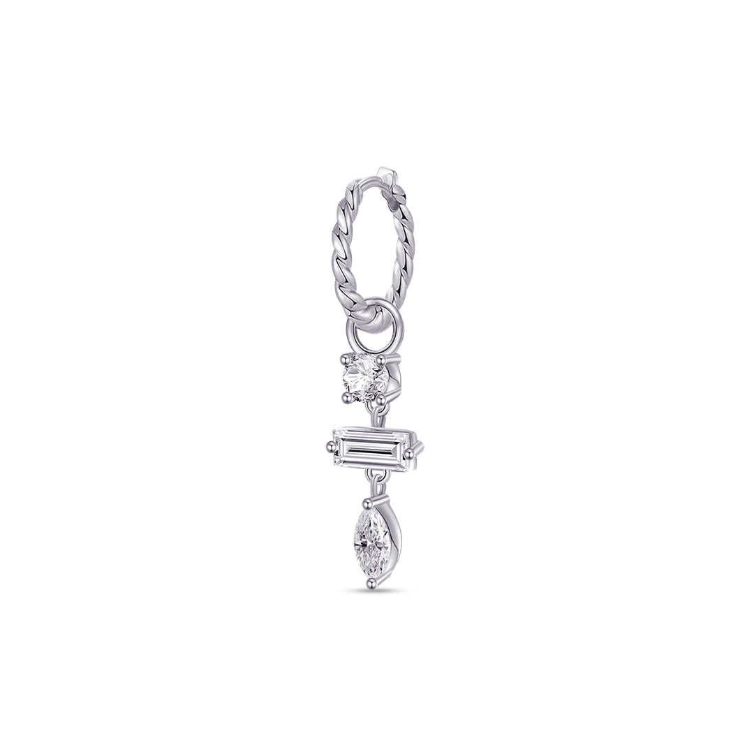 twisted plain huggie hoop with dangling three stones, round, baguette and marquise.