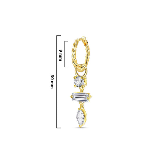 twisted plain huggie hoop with dangling three stones, round, baguette and marquise.