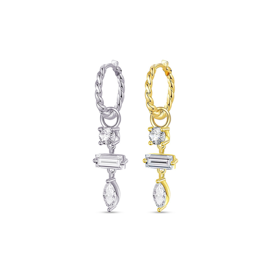 twisted plain huggie hoop with dangling three stones, round, baguette and marquise.