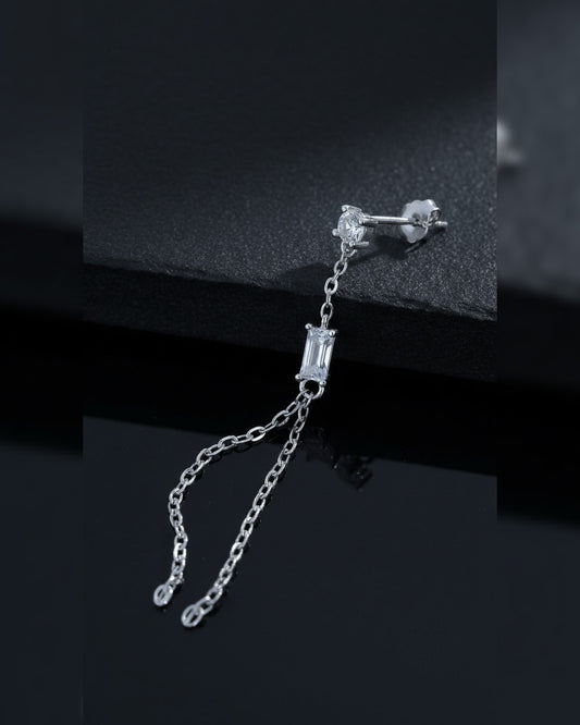 Sterling Silver Baguette & Round CZ Double Chain Drop Earring.