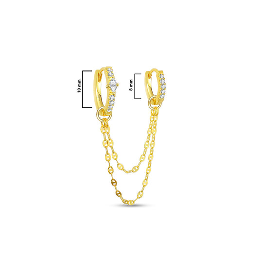 two CZ hoops linked with dangling double chain earring.