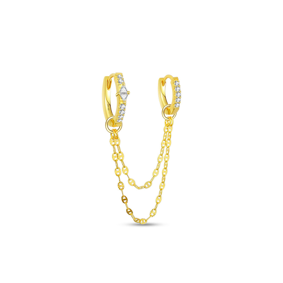 two CZ hoops linked with dangling double chain earring.