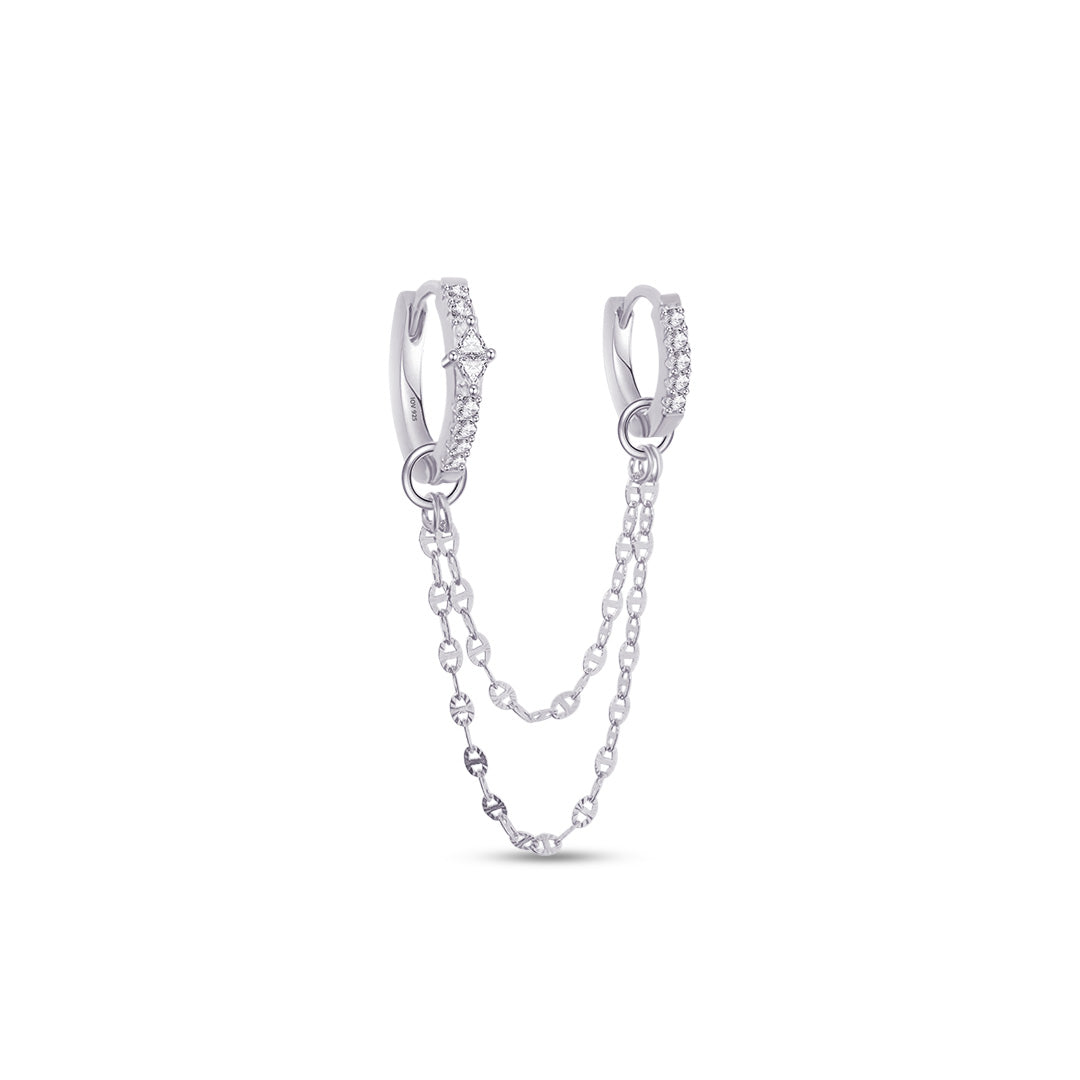 two CZ hoops linked with dangling double chain earring.