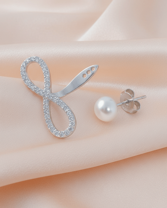 Sterling Silver Infinity Back-to-Front Earring with CZ Pavé & Pearl Stud