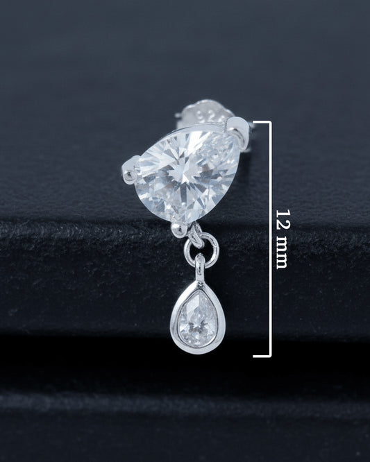 pear shape in prong setting with a dangling smaller pear in bezel setting stud earring.