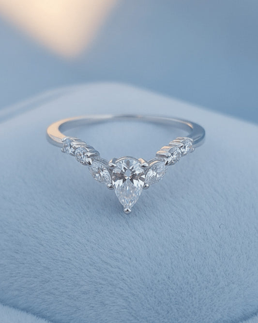 Sterling Silver Pear-Cut CZ V-Shaped Halo Ring with Round & Marquise Accents