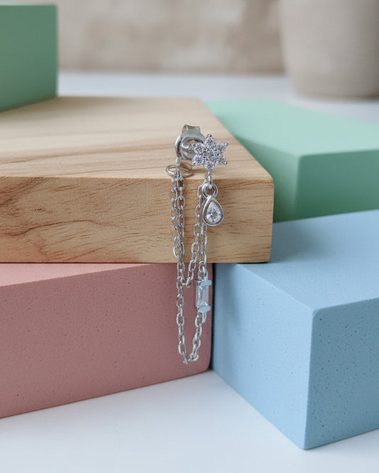 CZ cluster flower shape with double dangling chains back to front earring.