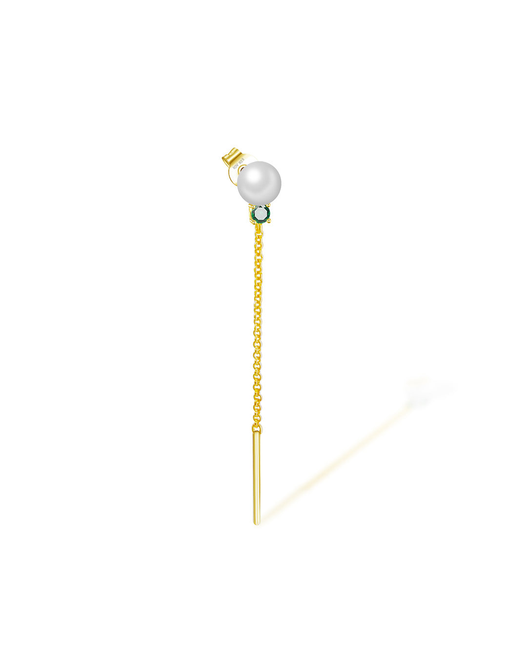 pearl and green CZ with dangling chain stud earring.