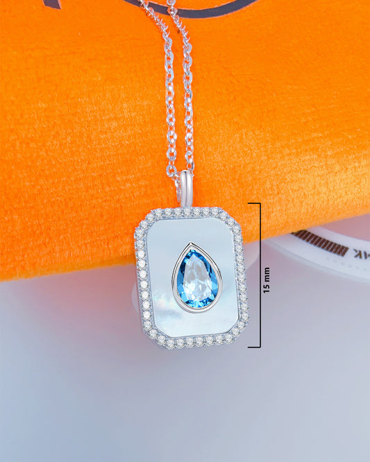 rectangular MOP necklace with pear shape aquamarine color CZ stone.