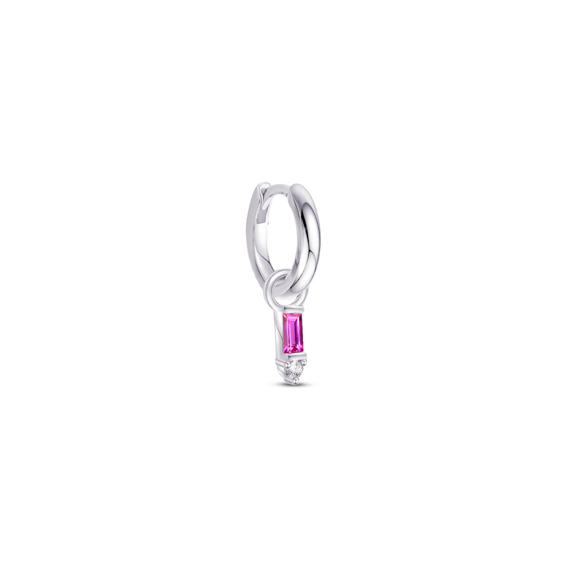 9 mm plain huggie hoops with removable dangling with pink baguette stone.