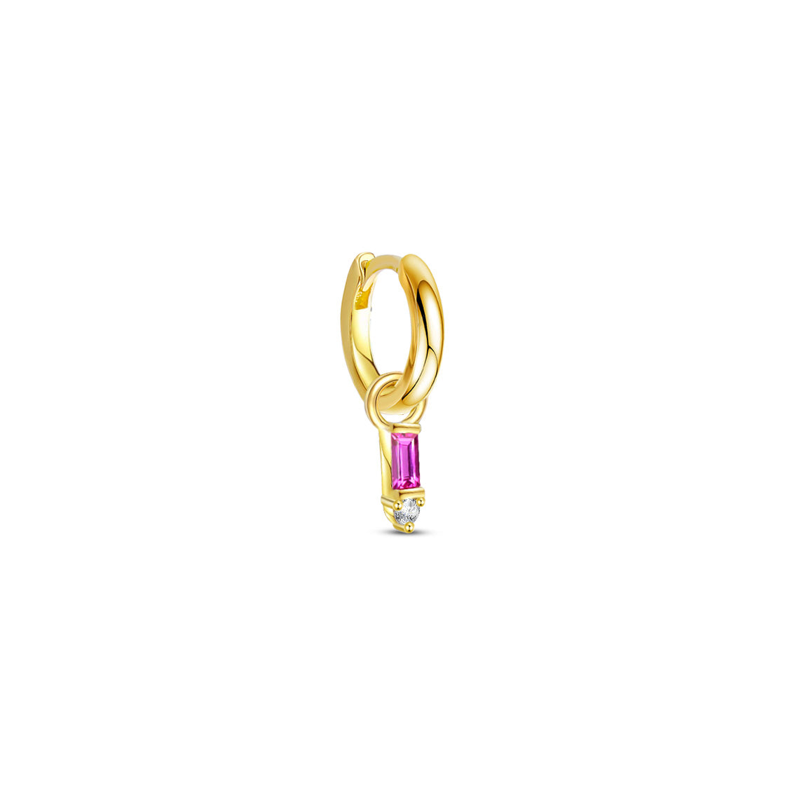 9 mm plain huggie hoops with removable dangling with pink baguette stone.
