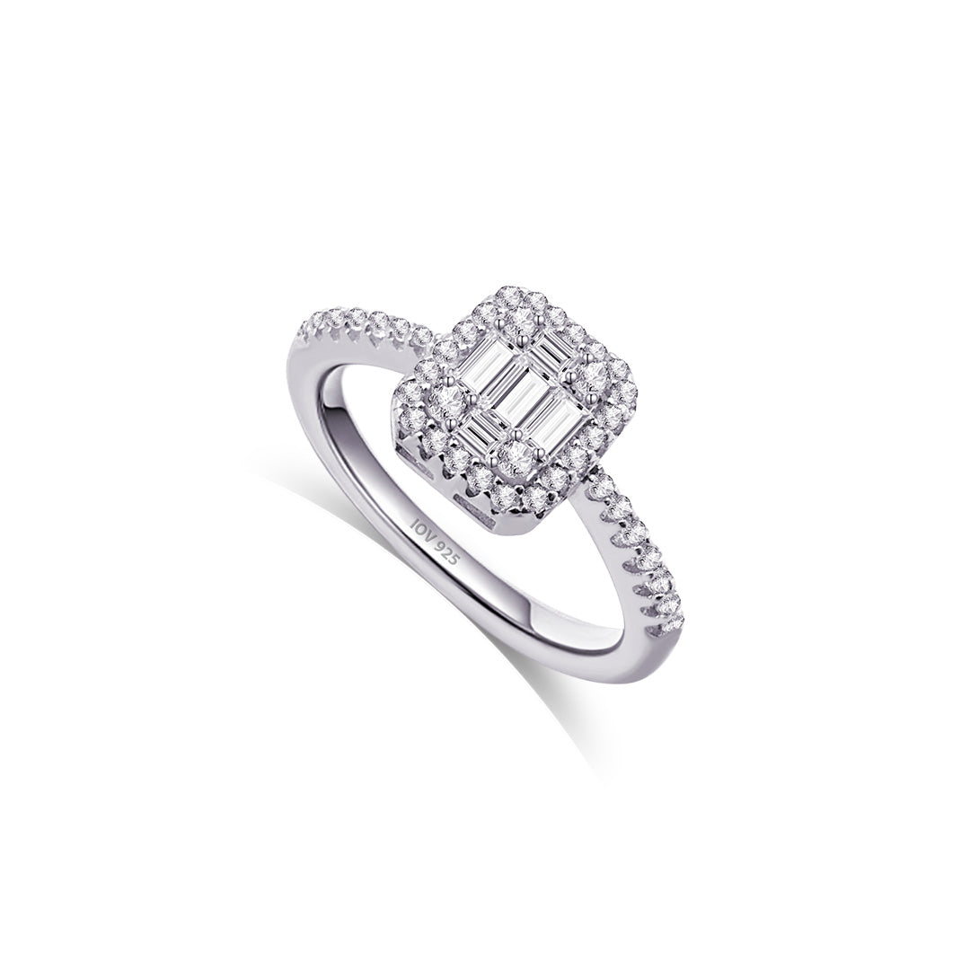rectangular baguette and round stones ring.
