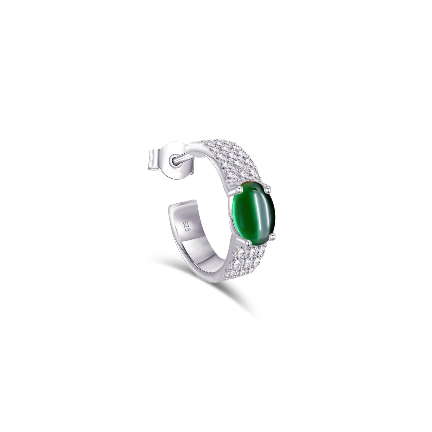 CZ pave setting hoop earring with emerald color cabochon stone.