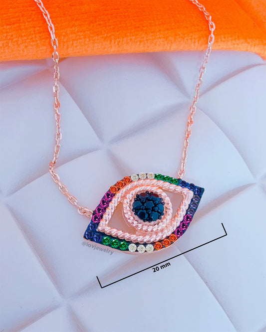multicolor CZ rosegold eye shape necklace.