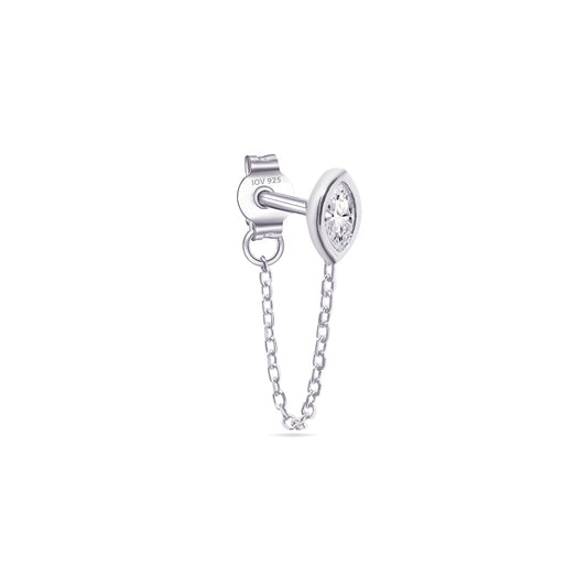 CZ marquise in a bezel setting stud earring with dangling chain linked to stud.