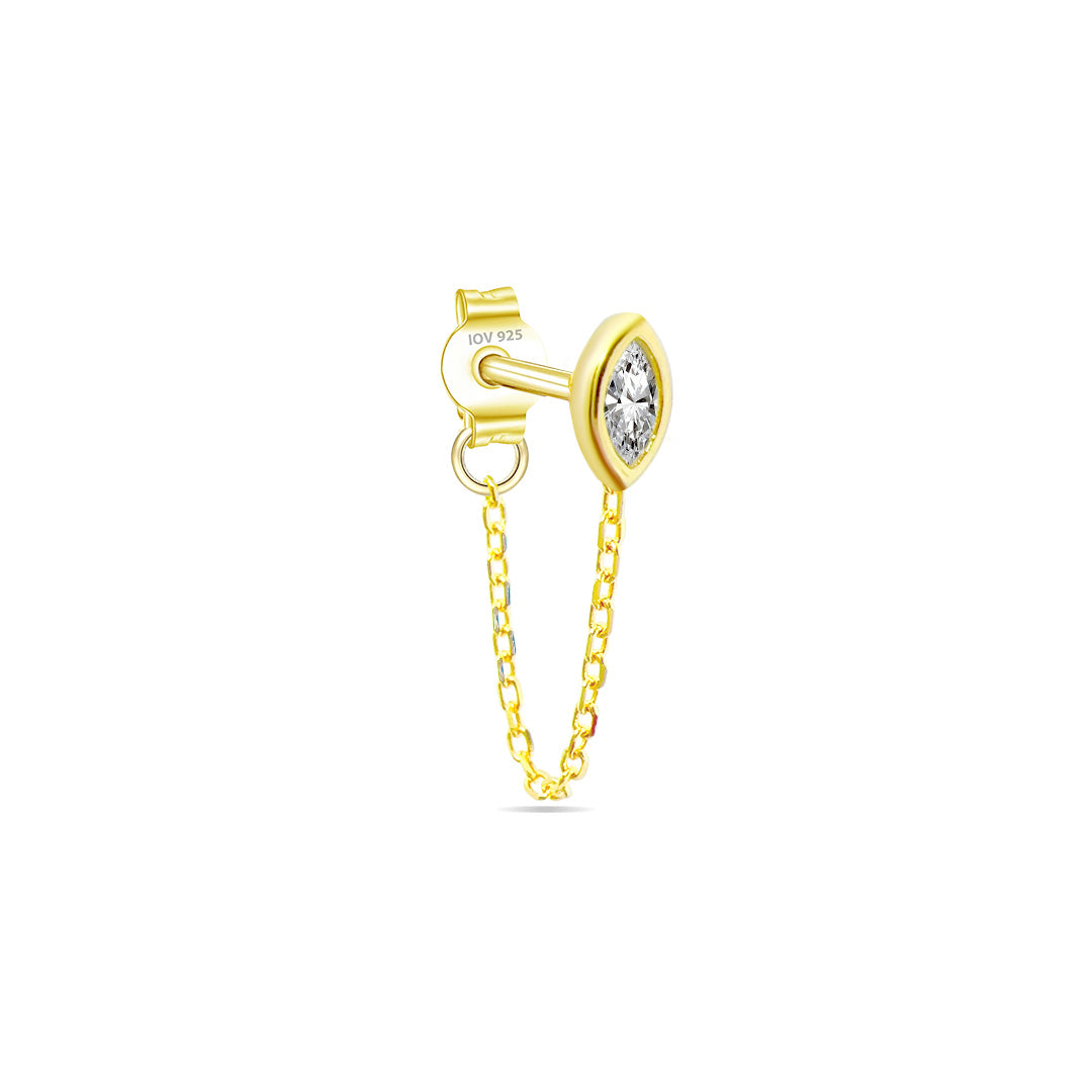 CZ marquise in a bezel setting stud earring with dangling chain linked to stud.
