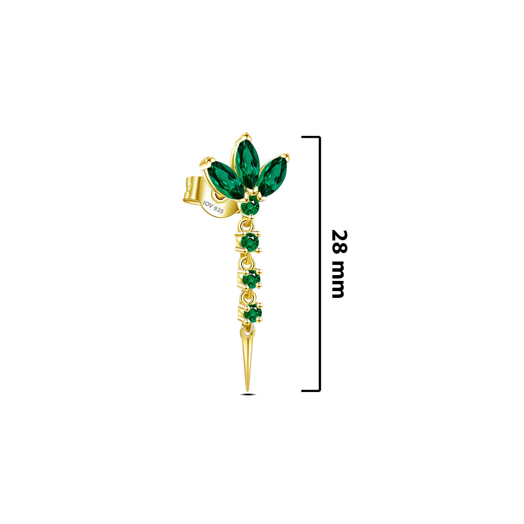 lotus shape stud earring with dangling line of emerald color stones.