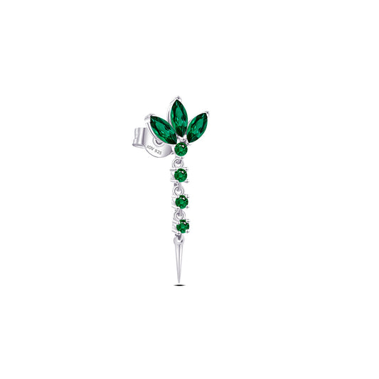 lotus shape stud earring with dangling line of emerald color stones.