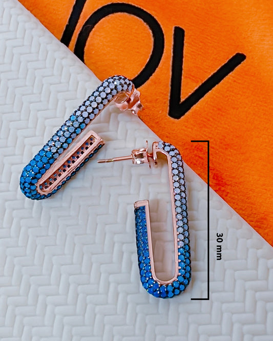 CZ shades of blue rectangular rosegold earrings.