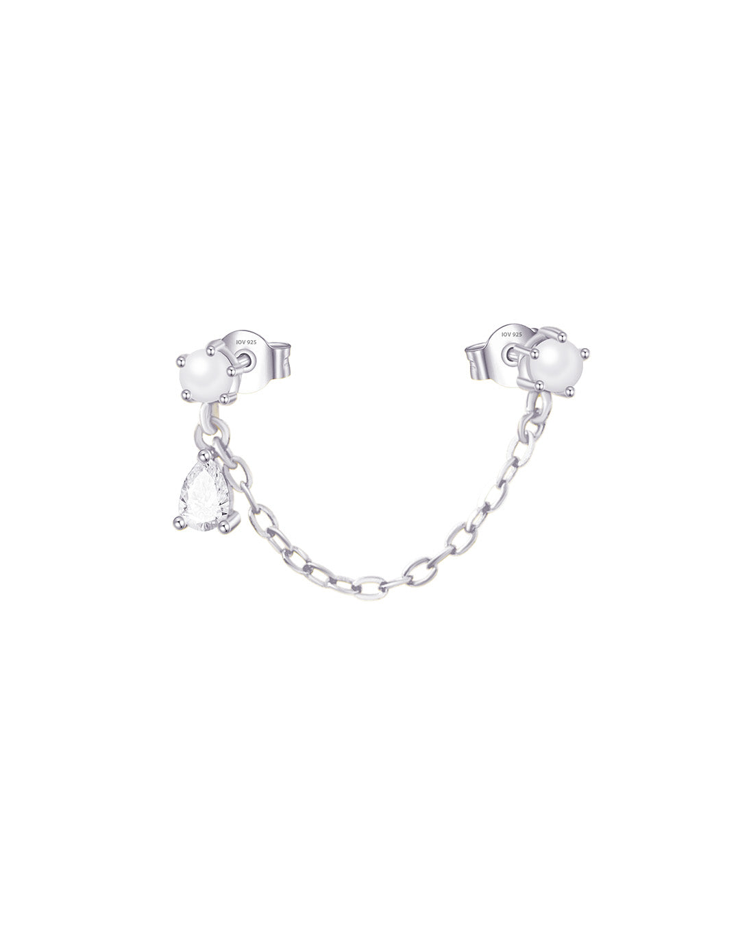 double pearl stud earring with one dangling pear CZ stone.