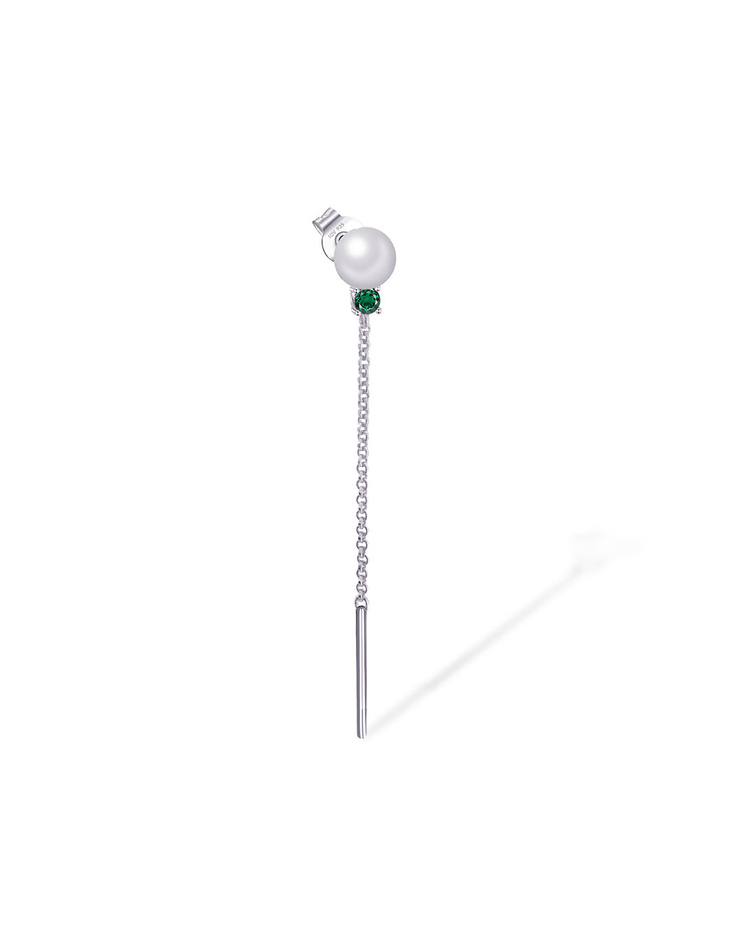 pearl and green CZ with dangling chain stud earring.