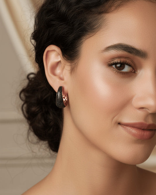 Black CZ Statement Hoops in Rose Gold-Plated Sterling Silver
