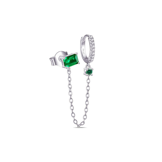 chain linked hoop and rectangular emerald color stone stud earring.