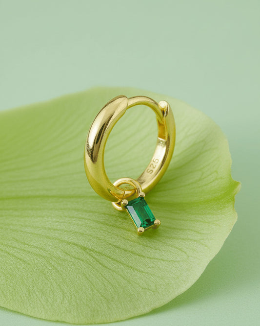 8 mm plain hoop with removable dangling rectangular emerald color CZ stone.