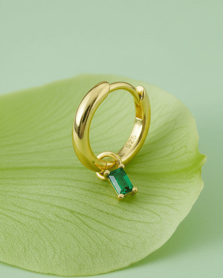 8 mm plain hoop with removable dangling rectangular emerald color CZ stone.