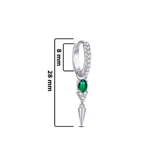 hoop earring with dangling oval emerald color stone ends with plain cone shape