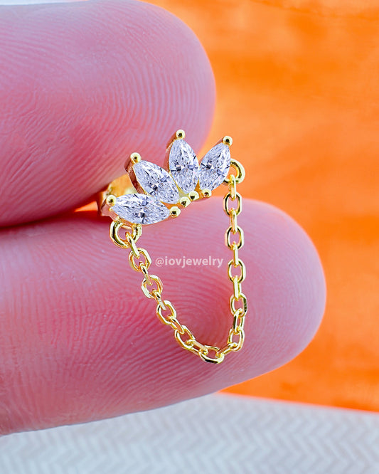 CZ four marquise stones with dangling chain stud earring.