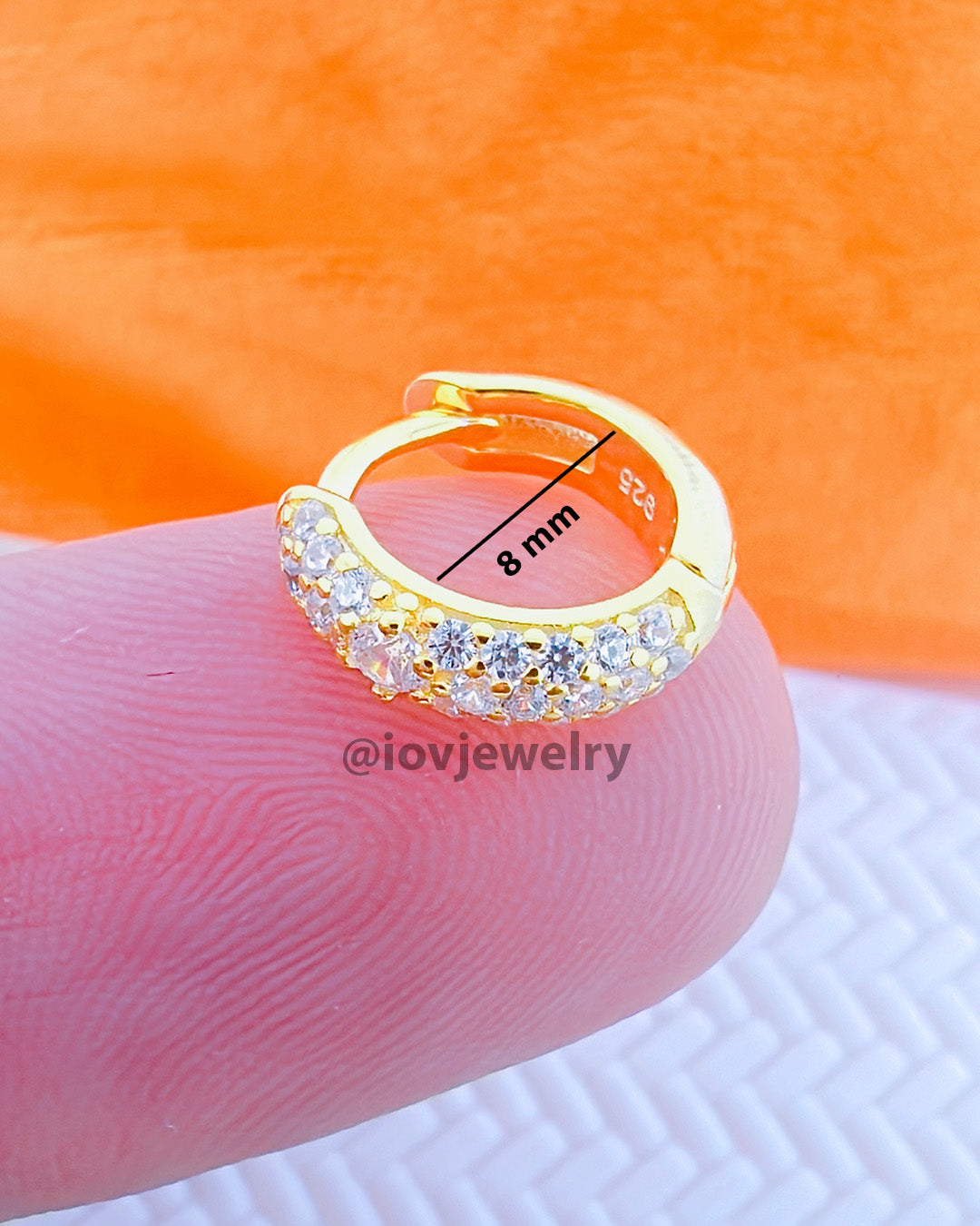 8mm CZ three lines stones huggie hoop earring.