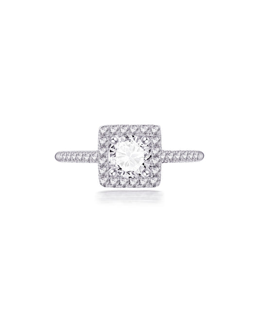 solitaire round CZ stone in square halo setting.