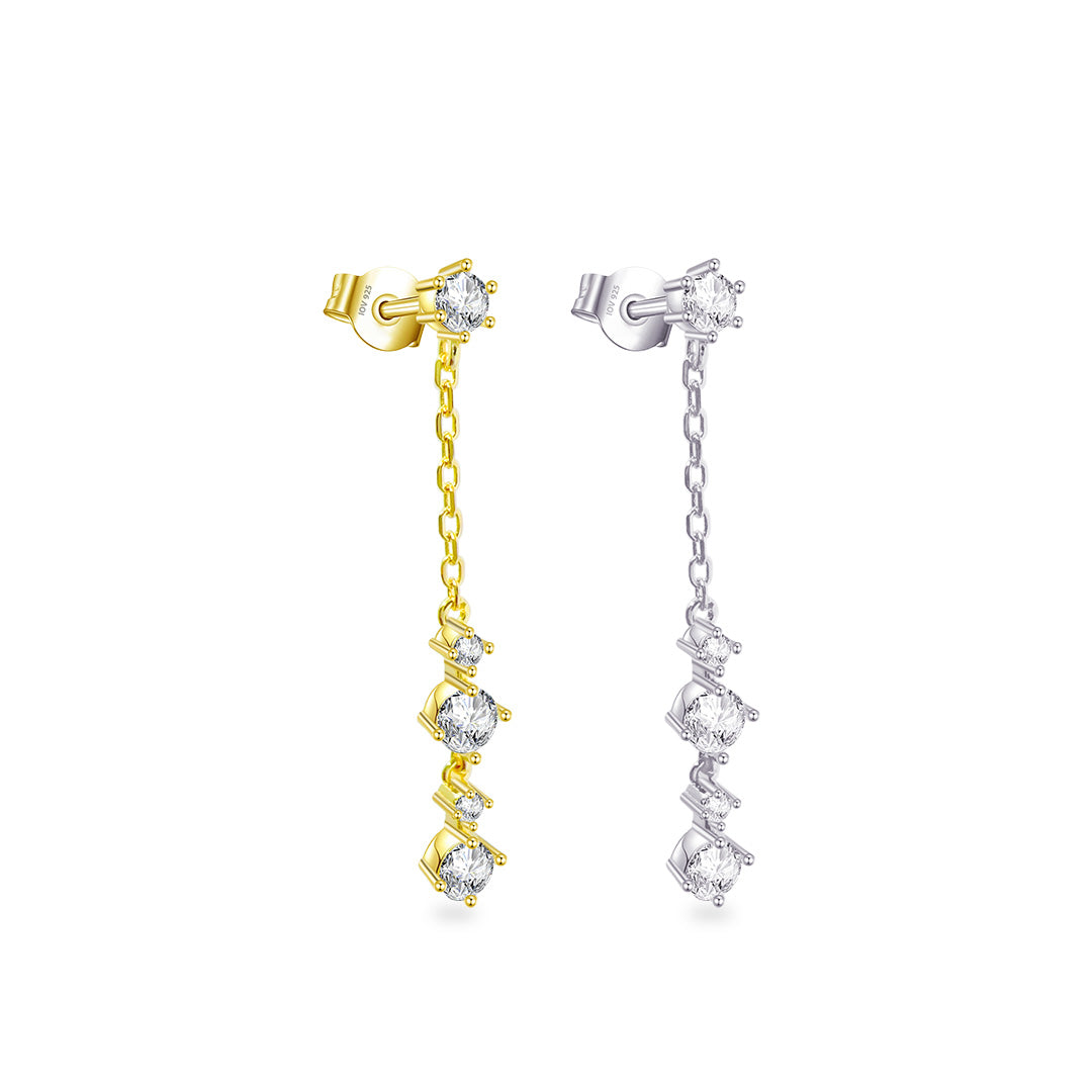 dangling chain earring with round CZ stones stud earring.