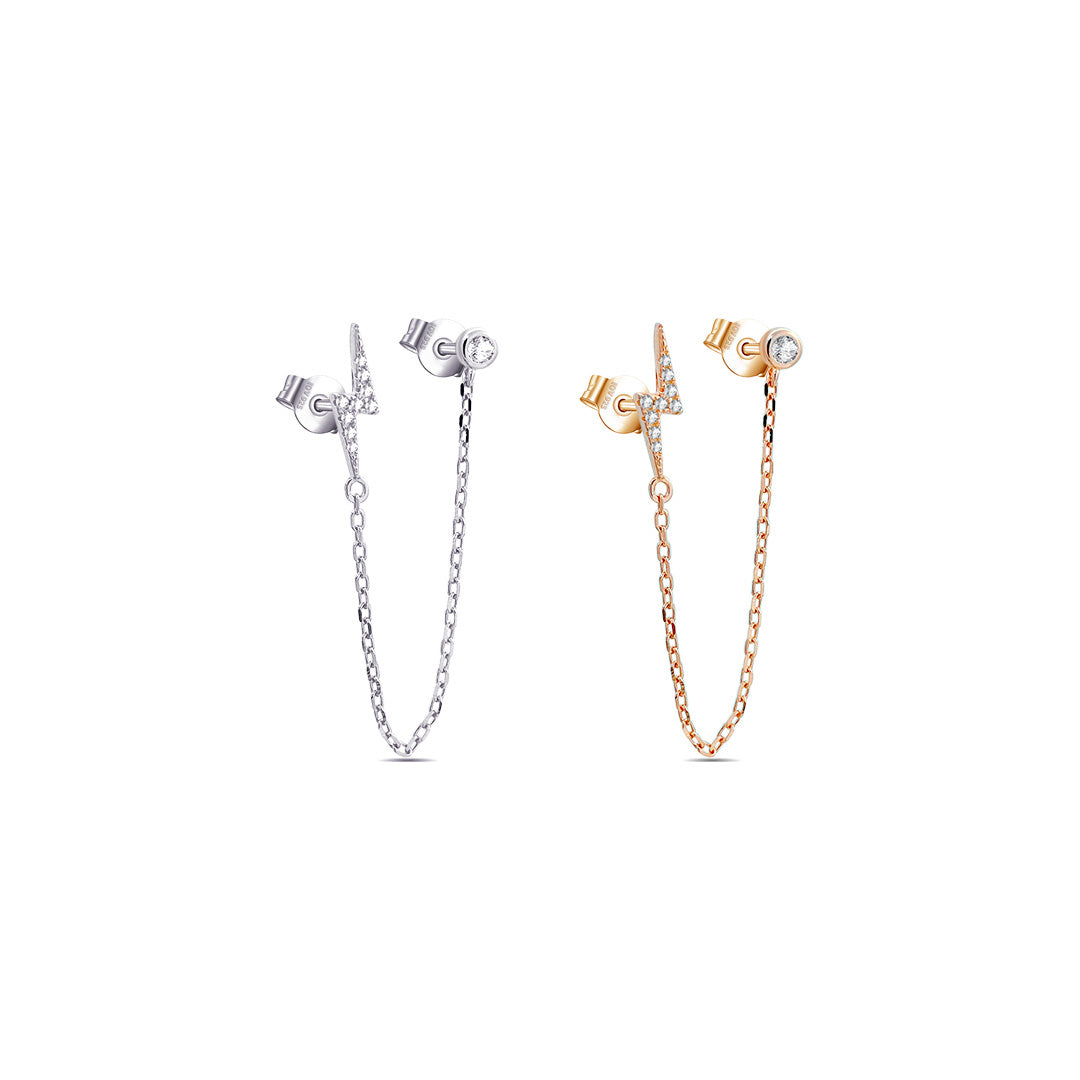 bolt shape and single stone double stud chain earring.