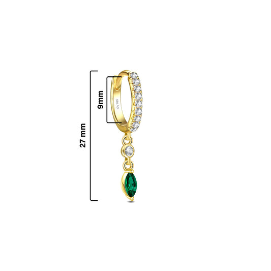 CZ huggie hoop with dangling white and emerald color stones.